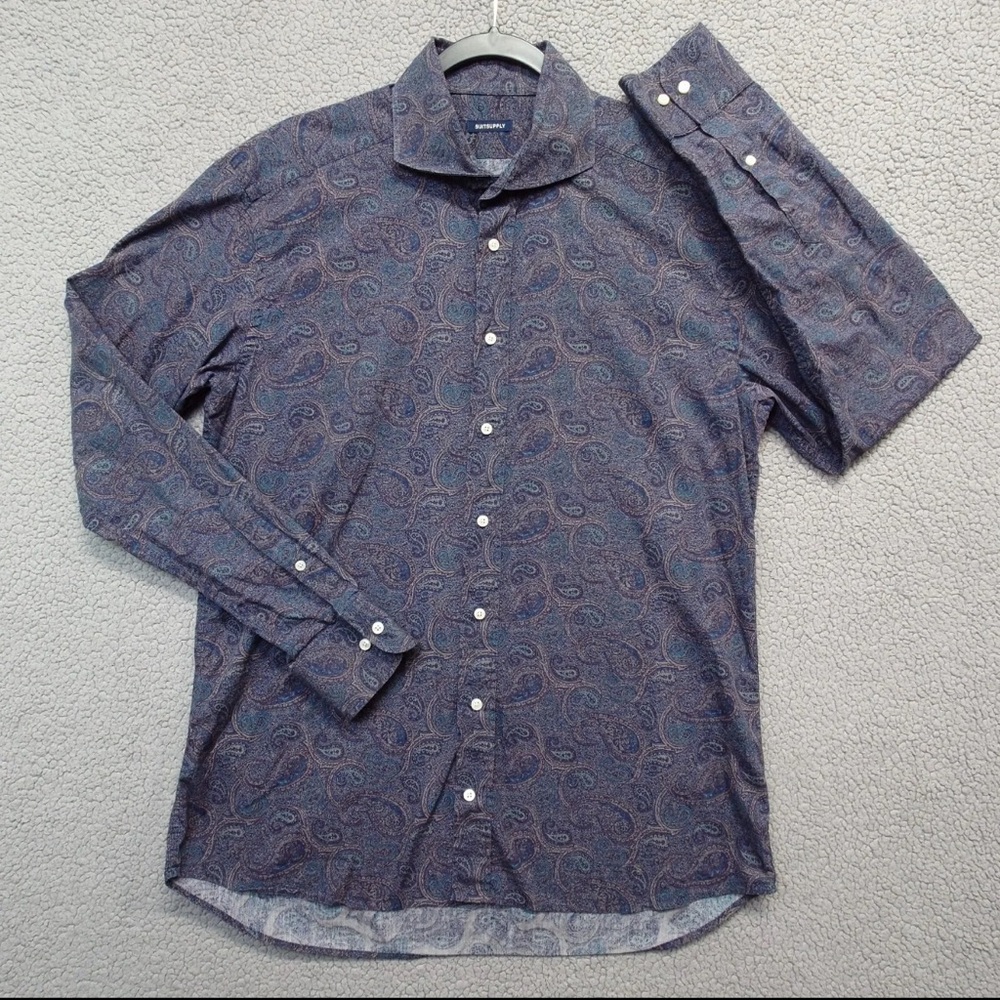 SuitSupply Shirt Mens 16 Blue Paisley 100% Cotton Slim Long Sleeve Button-Up